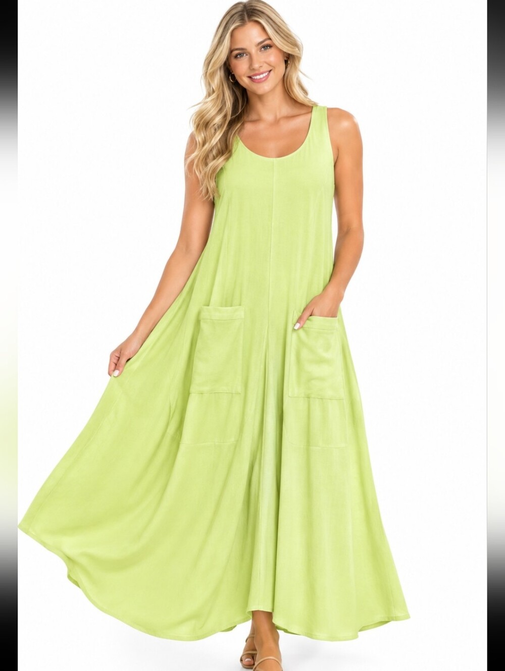 Last Tango Light Chartreuse Green Sleeveless Maxi Dress w Patch Pockets (Sz:xl)